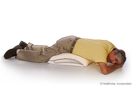 Picture of the position to lie in to drain mucus from the back of your lungs